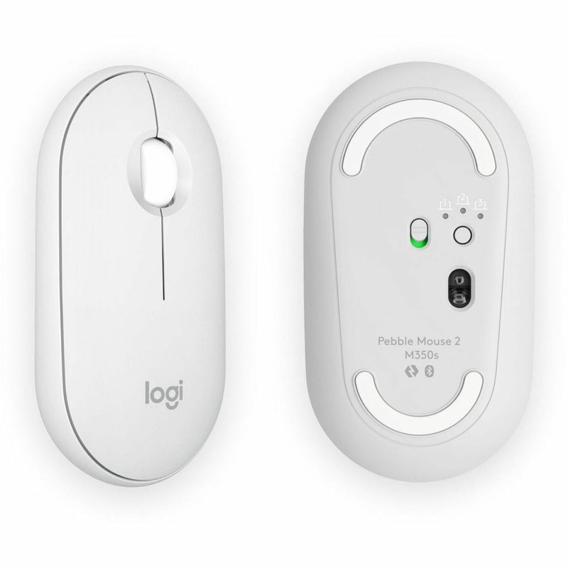 Top and bottom view of the Logitech Pebble 2 M350s mouse showing its design features