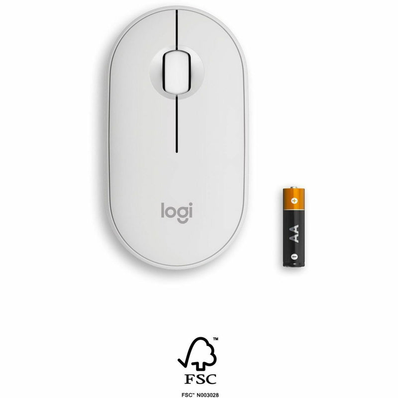 Logitech Pebble 2 M350s mouse with AA battery and FSC certification logo