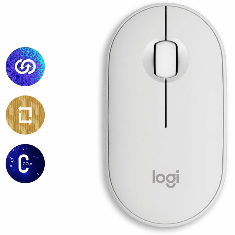 Logitech Pebble 2 M350s mouse with sustainability certification icons