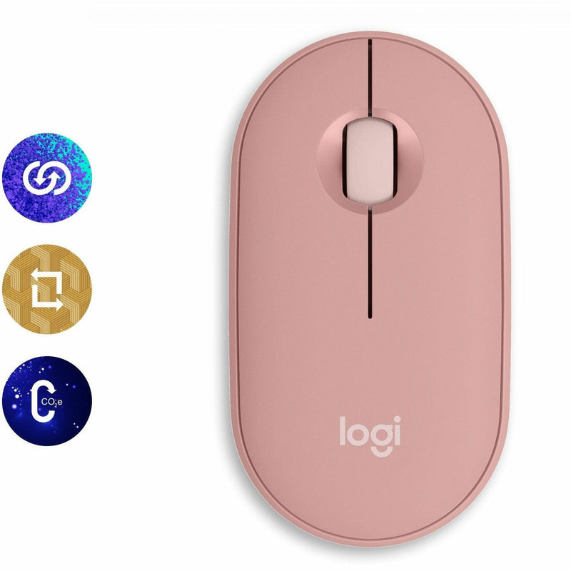 Logitech Pebble 2 M350s mouse with sustainability certification icons