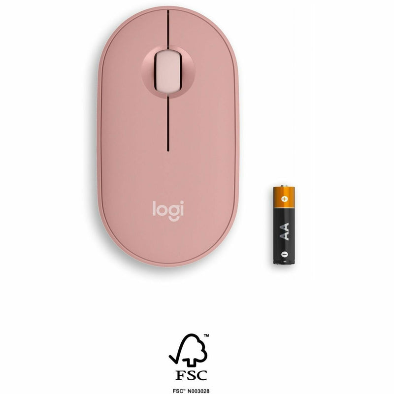 Logitech Pebble 2 M350s mouse with AA battery showing size comparison and FSC certification