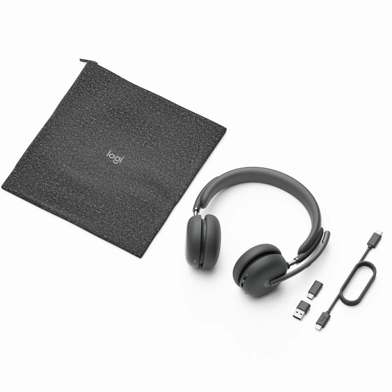 Logitech Zone 950 headset with included accessories and travel bag