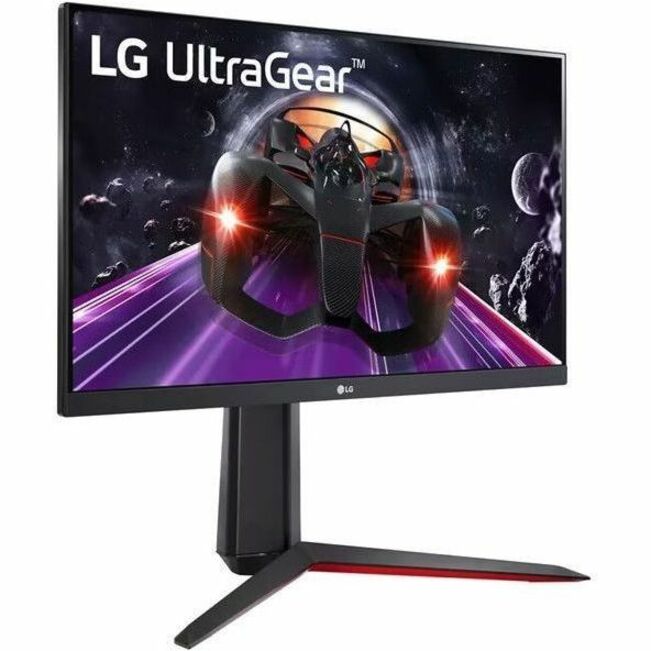 Side angle view of LG UltraGear monitor highlighting adjustable stand