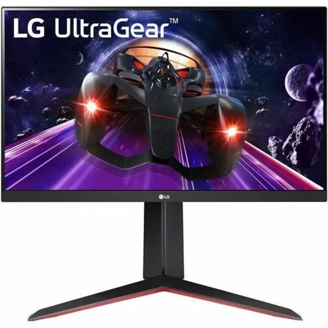 Angled view of LG UltraGear gaming monitor showing thin bezels and V-shaped stand