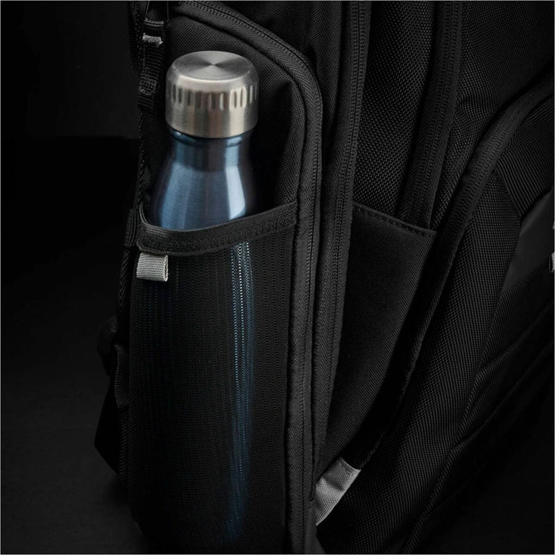 Side view showing water bottle pocket with bottle