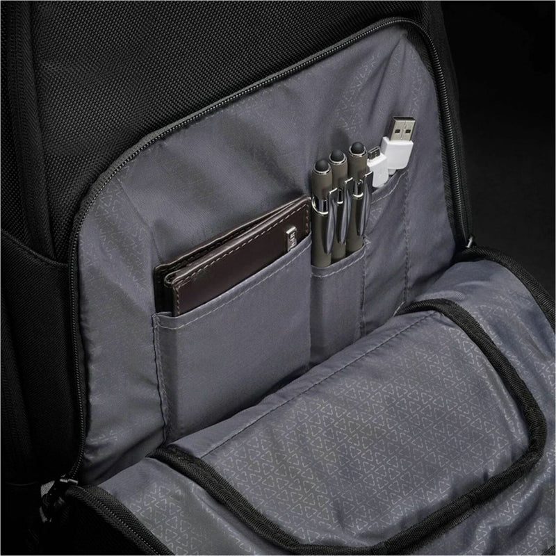 Interior view of backpack showing organization pockets and compartments