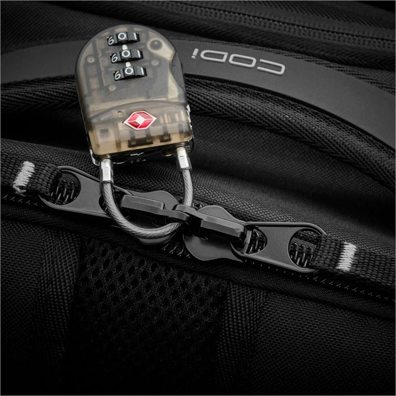 Close-up of TSA-compatible lock system on backpack zipper