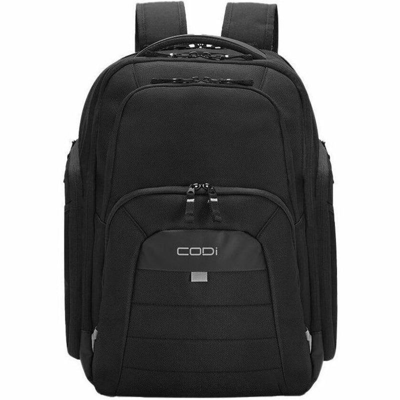 Front view of CODi backpack showing organized compartment structure and professional aesthetic