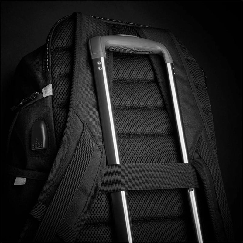 Backpack showing trolley strap attachment system