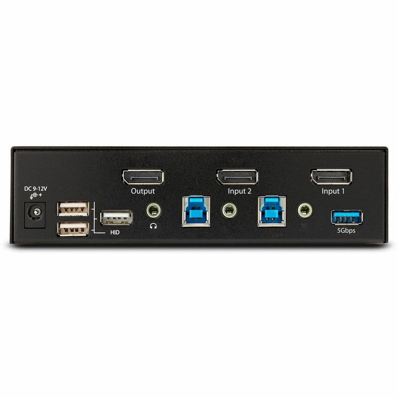 Rear connectivity panel of StarTech.com KVM switch showing DisplayPort, USB, and audio ports