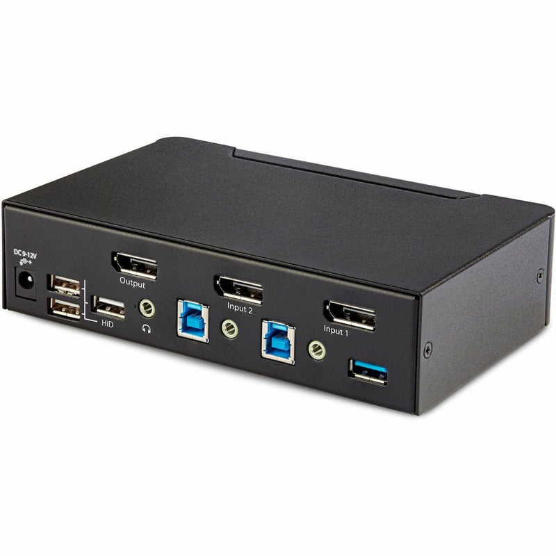 Angled view of StarTech.com KVM switch showing comprehensive port layout and metal construction