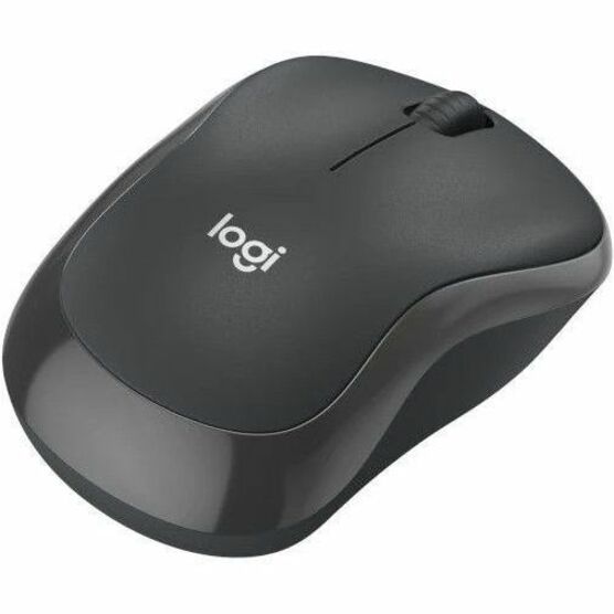 Angled view of Logitech M240 wireless mouse showing ergonomic design and dual-tone finish