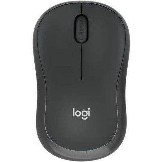 Top view of Logitech M240 wireless mouse in graphite color showing symmetrical design and scroll wheel