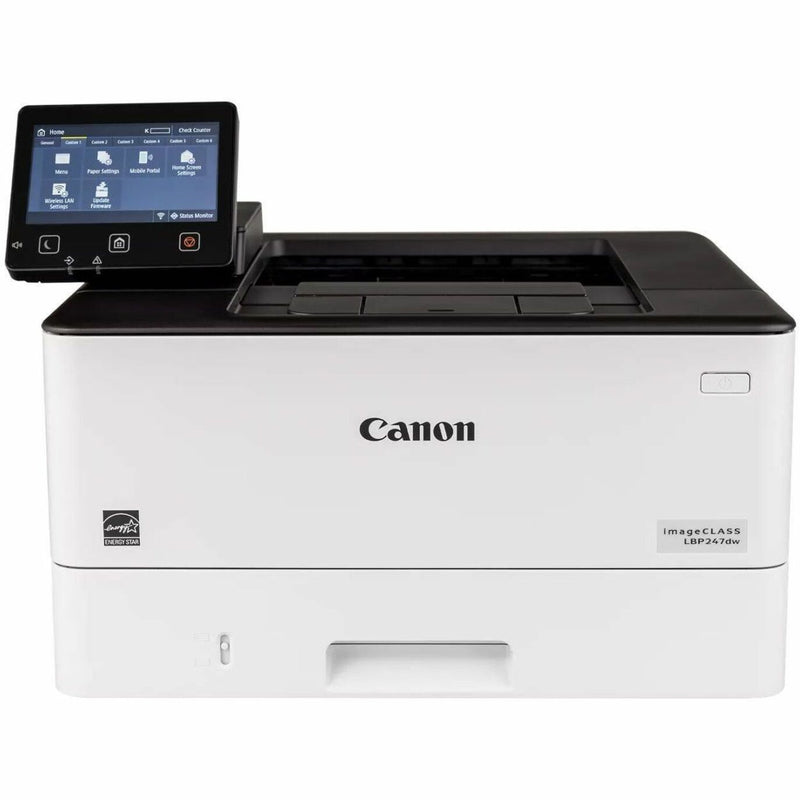 Front view of Canon imageCLASS LBP247DW printer with 5-inch touchscreen display