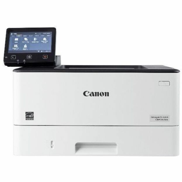 Side profile view of Canon LBP247DW showing sleek design and display angle