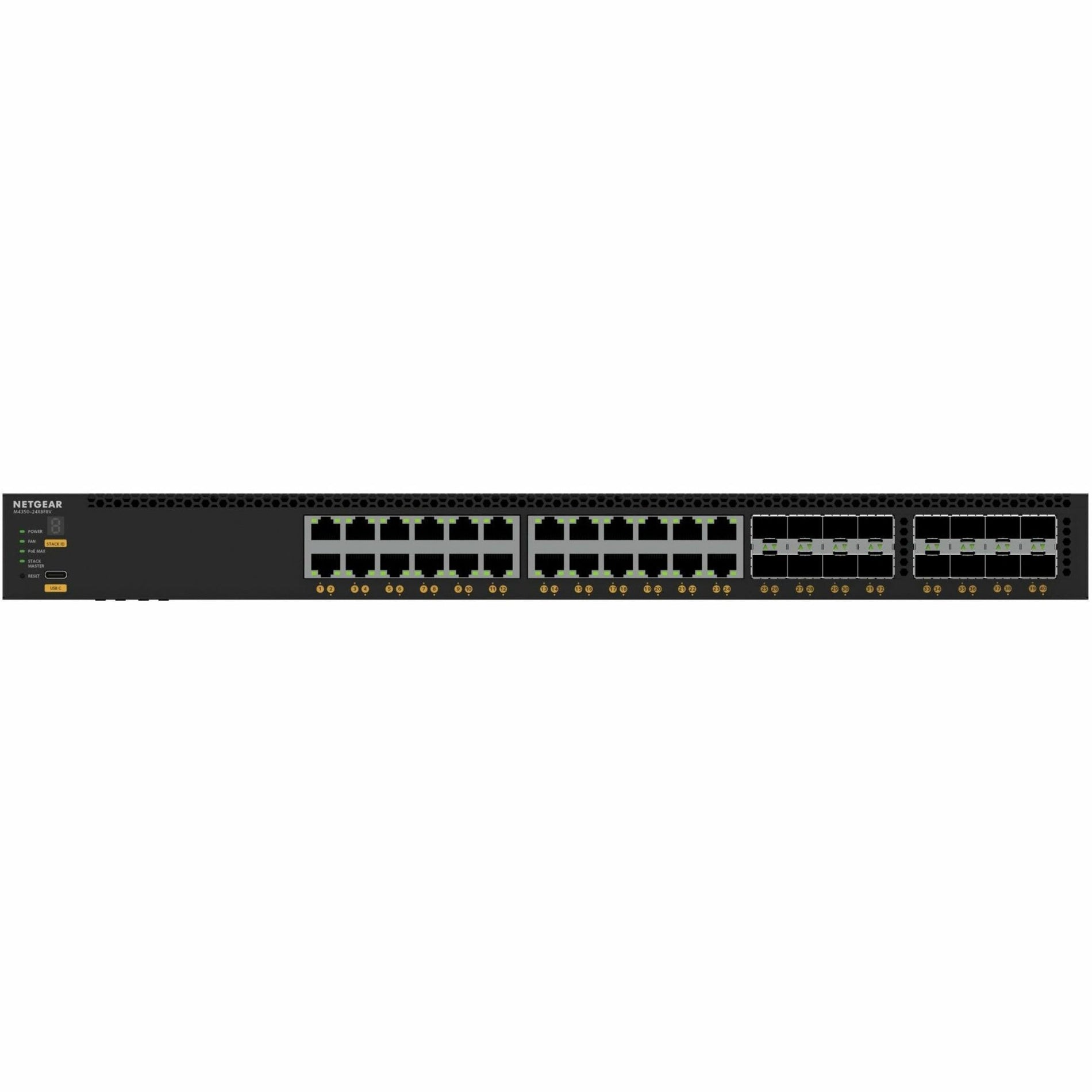 Netgear XSM4340V-100NES AV Line M4350-24X8F8V Ethernet Switch, 24 Ports, 10/25 Gigabit Ethernet, PoE++, Rack-mountable