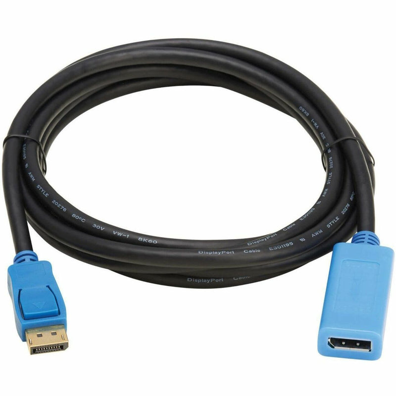 9-foot black DisplayPort extension cable with blue connectors showing full cable length