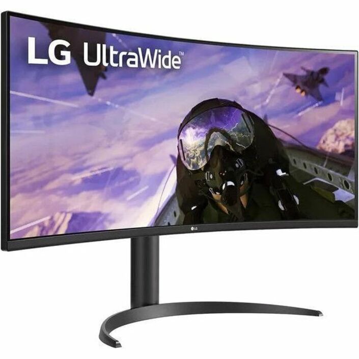 Angled view of LG UltraWide gaming monitor showing curved display and stand design-alternate-image2