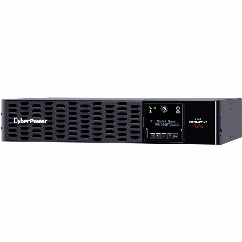 Front angle view of CyberPower PR1500RTXL2UC UPS in rack mount position showing display and ventilation