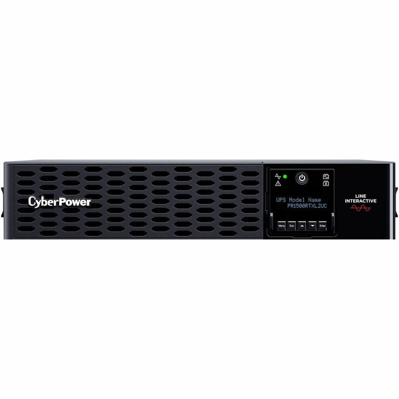 Front view of CyberPower PR1500RTXL2UC UPS in horizontal rack mount orientation showing LCD display and ventilation