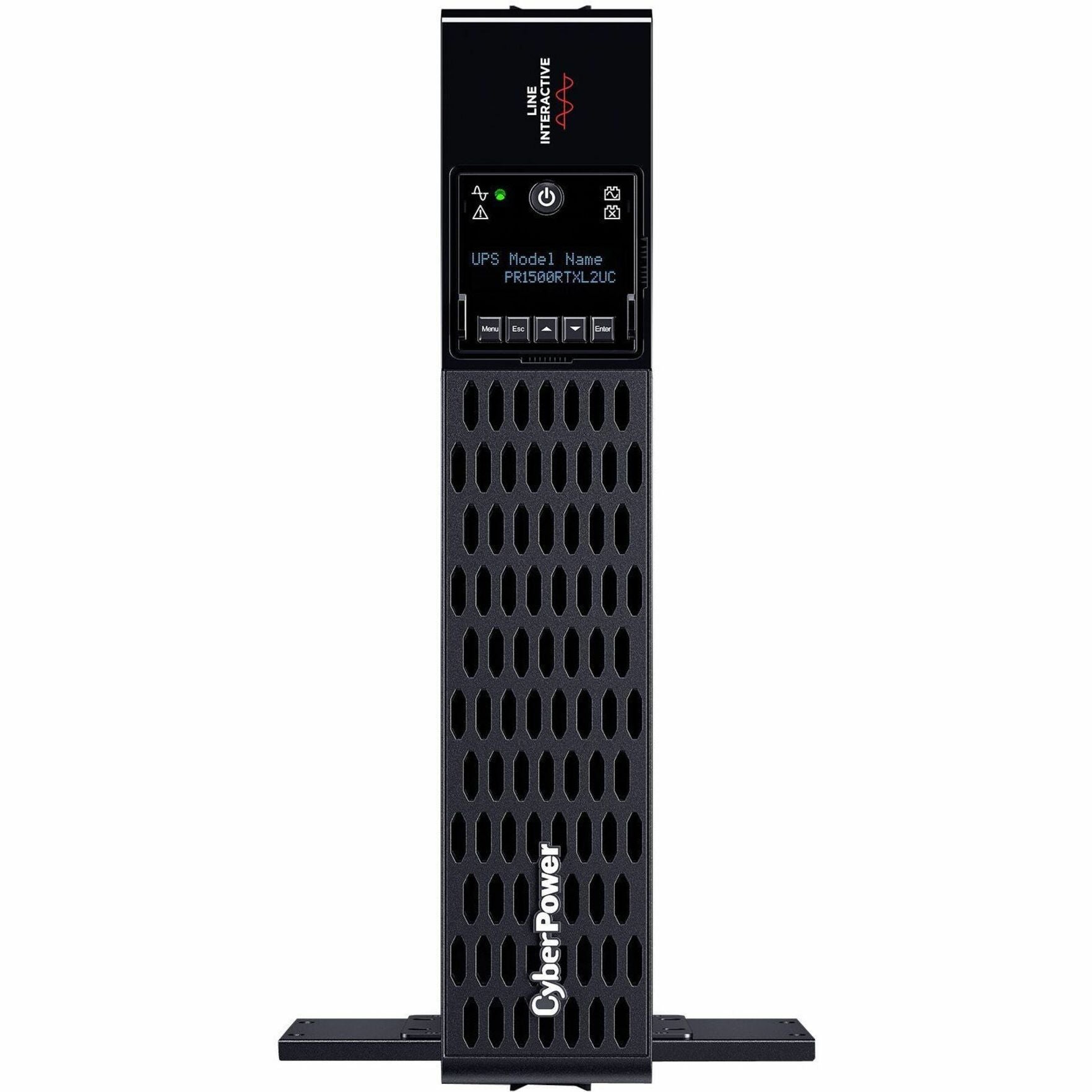 CyberPower PR1500RTXL2UC UPS in vertical tower orientation with LCD display and mounting stands-alternate-image2