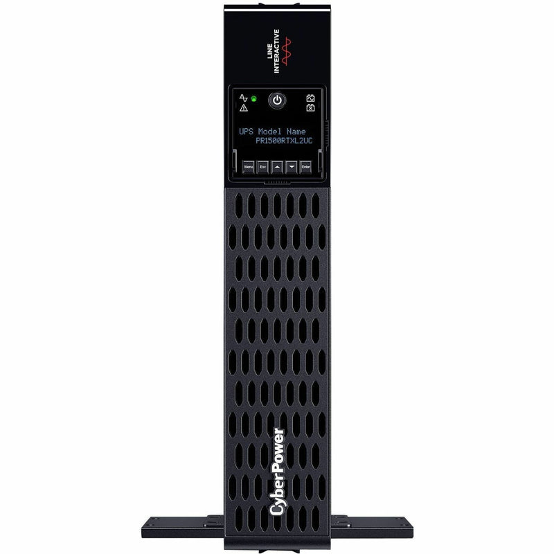 CyberPower PR1500RTXL2UC UPS in vertical tower orientation with LCD display and mounting stands