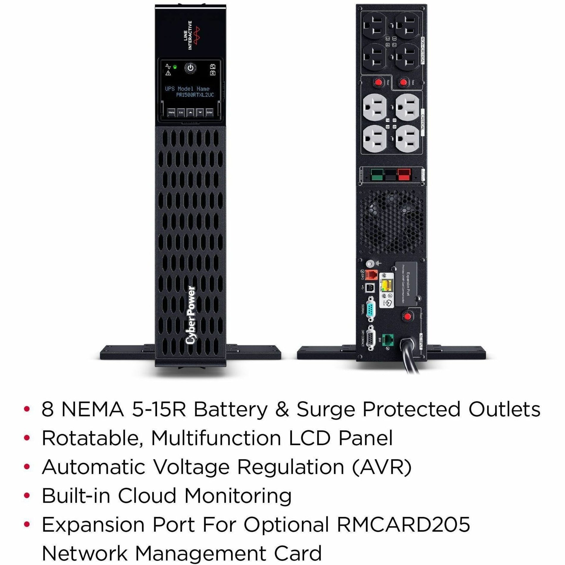 Split view of CyberPower PR1500RTXL2UC UPS showing front and rear panels with feature callouts-alternate-image10