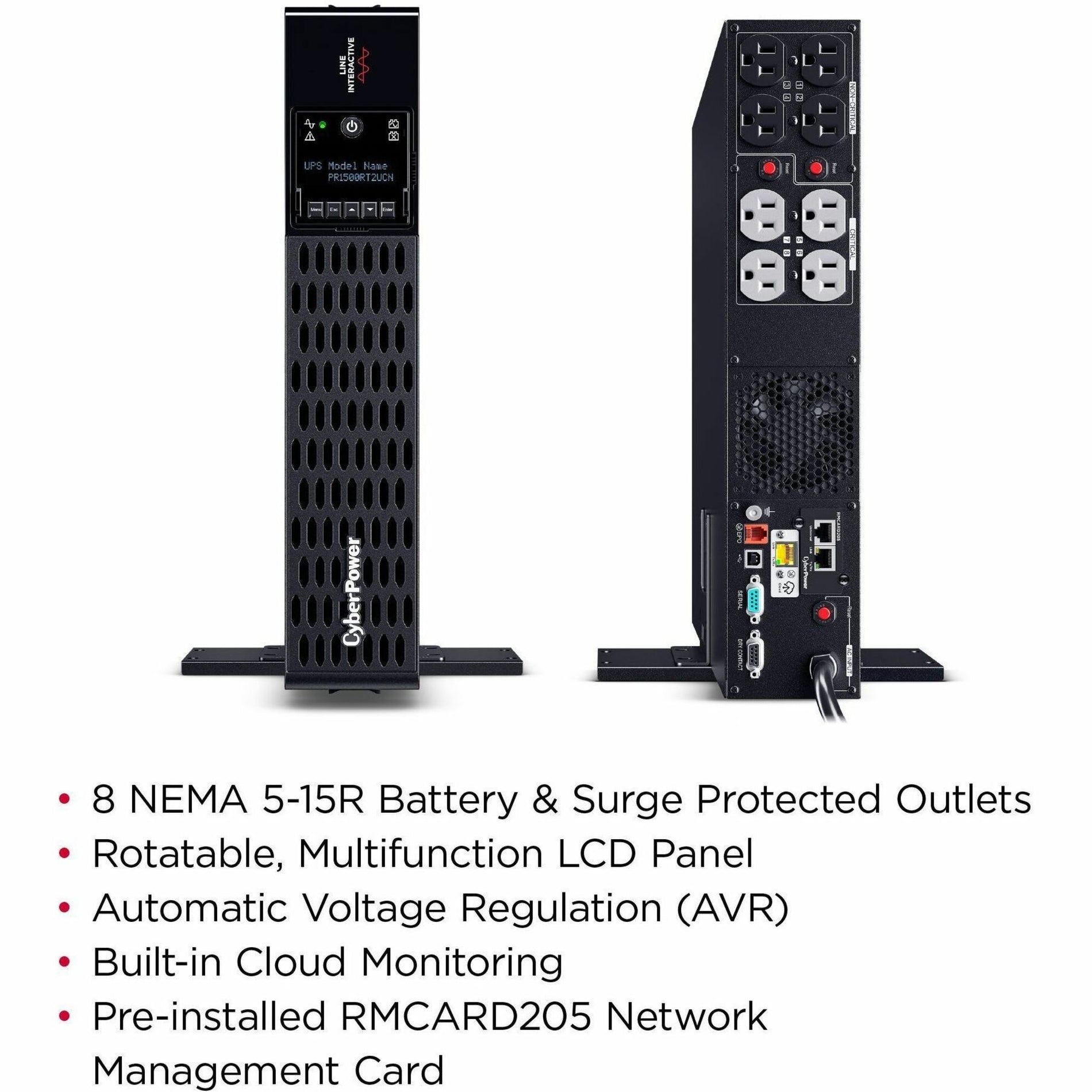 CyberPower PR1500RT2UCN Thông minh Ứng dụng Sinewave Rack/Tower UPS 1500VA Màn hình LCD 8 Cổng