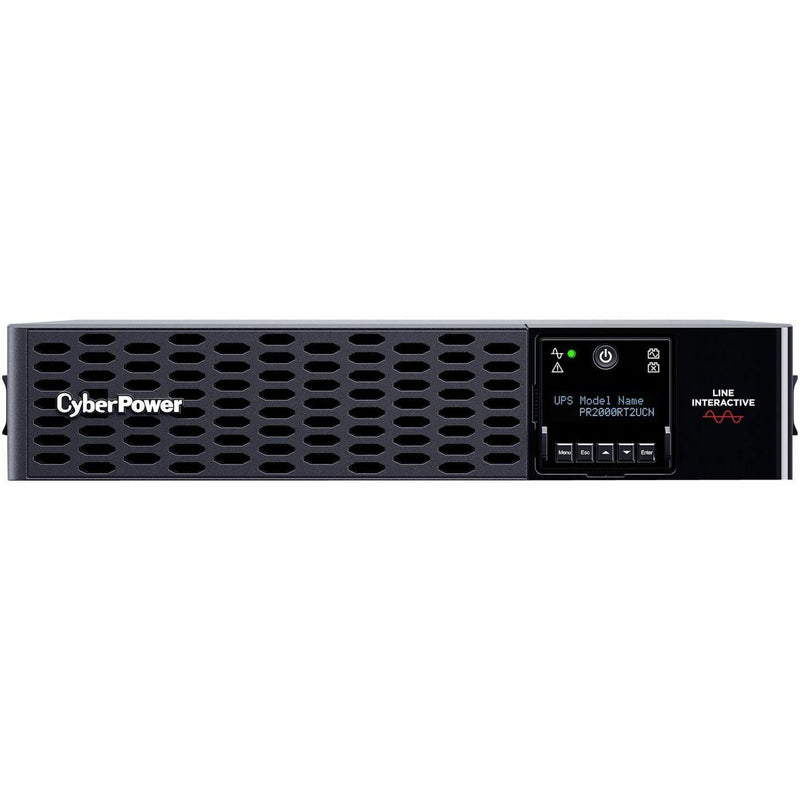 Front view of CyberPower PR2000RT2UCN UPS showing ventilated panel and LCD display