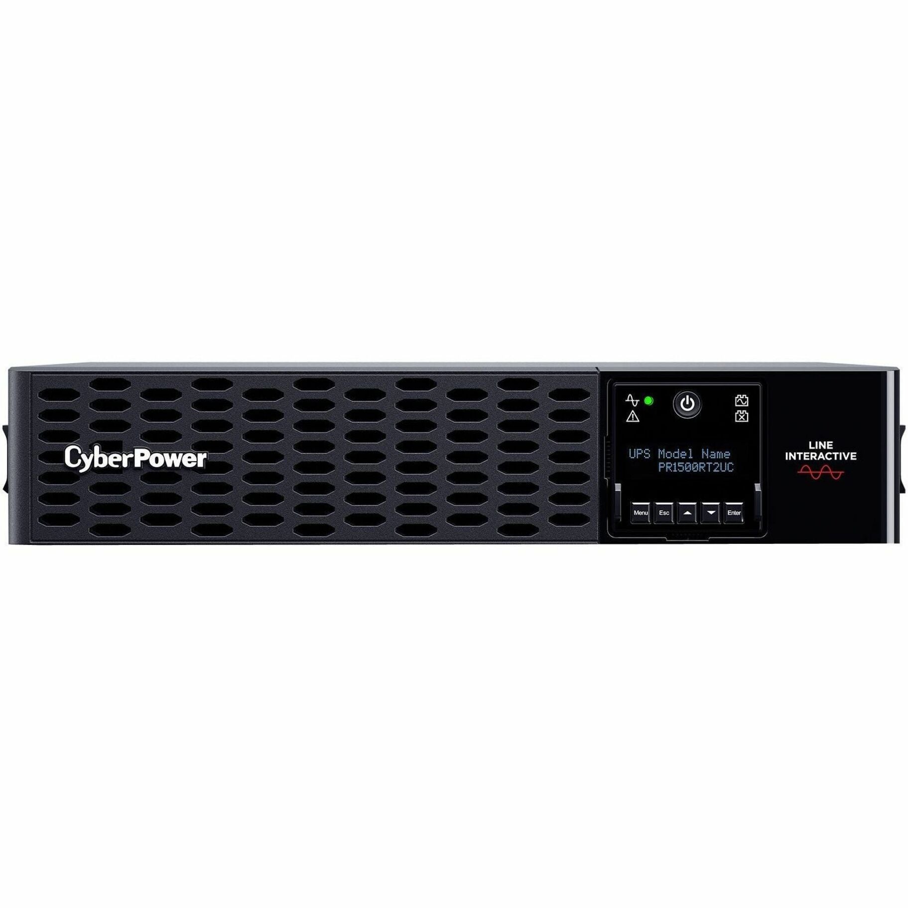 Front horizontal view of CyberPower PR1500RT2UC UPS with LCD display and ventilation pattern-alternate-image1