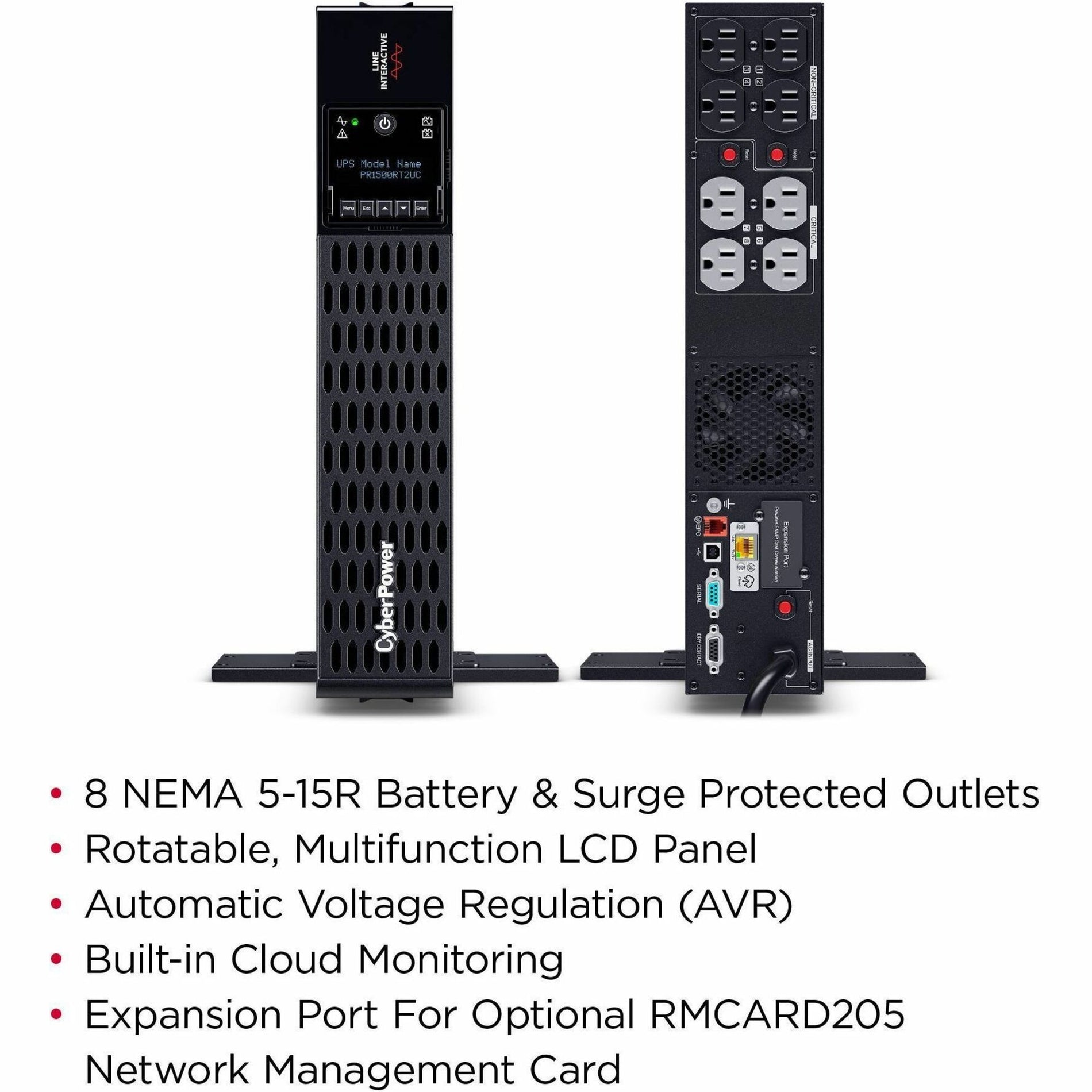 Dual view of PR1500RT2UC showing front and rear panels with feature callouts-alternate-image10