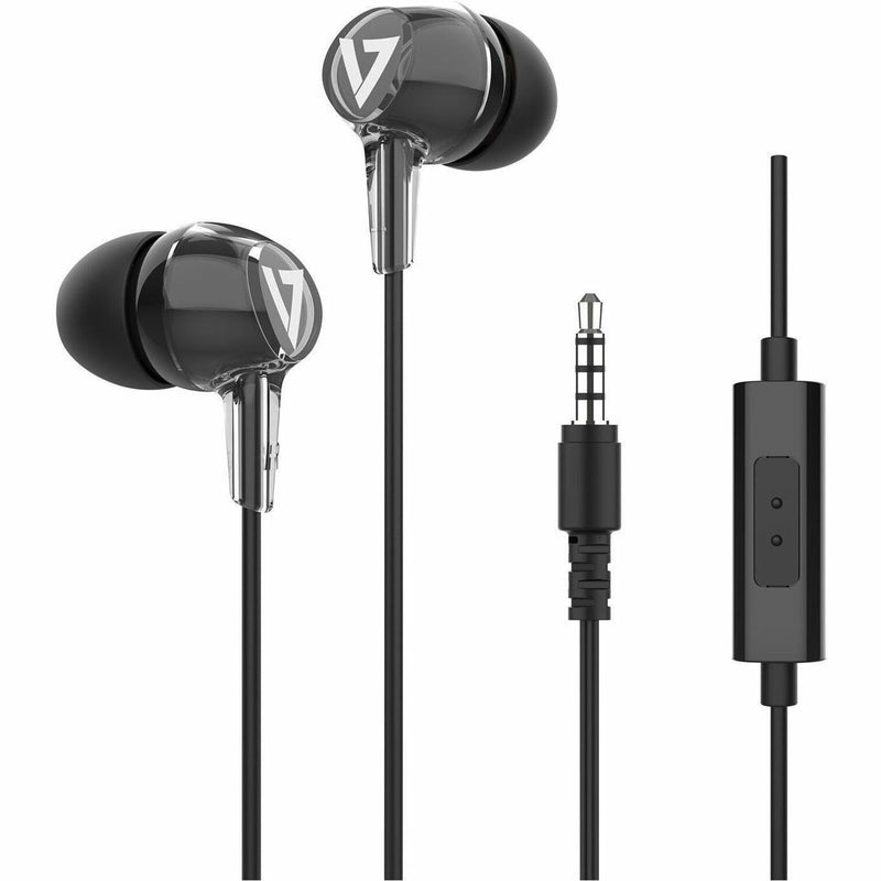 V7 HA220 black earbuds with inline microphone control and 3.5mm audio jack