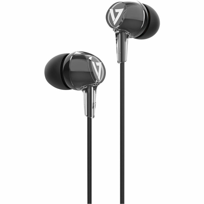 Close-up view of V7 HA220 earbuds showing premium build quality and V7 logo