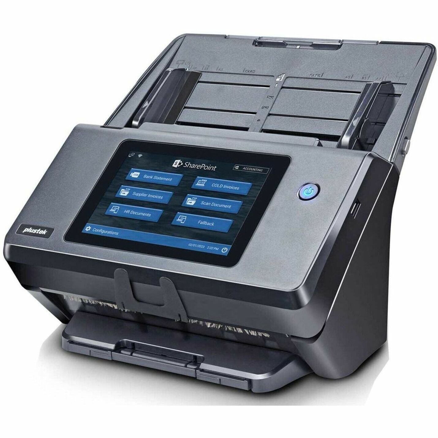 Plustek eScan A450 Pro scanner showing SharePoint interface on 7-inch touchscreen display with document feeder tray open-alternate-image1