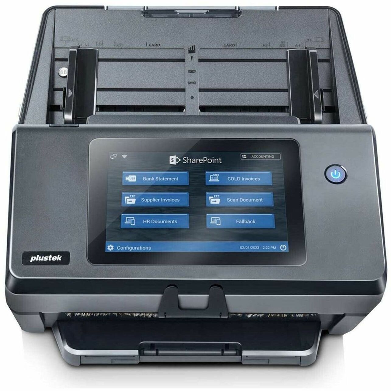 Top view of Plustek eScan A450 Pro scanner showing document feeder and SharePoint interface menu-alternate-image2