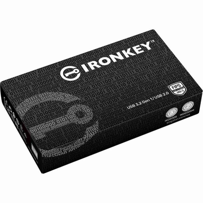 IronKey D500S retail packaging showing security certifications and binary pattern design