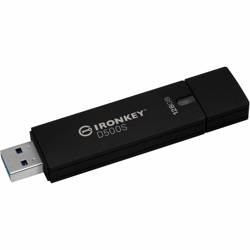 Kingston IronKey D500S USB flash drive shown in black with silver branding and USB connector