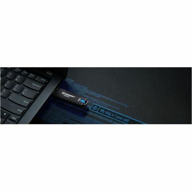 IronKey D500S connected to laptop keyboard with blue security visualization