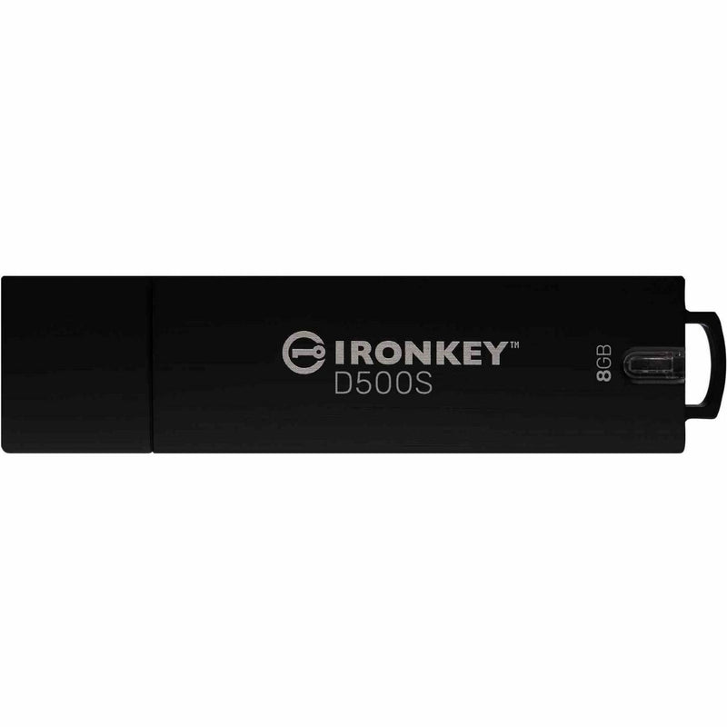 IronKey D500S 8GB secure USB flash drive in black with silver branding, front view