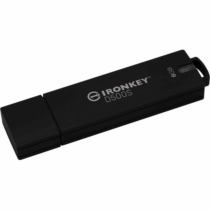 IronKey D500S secure USB drive shown at an angle, highlighting its rugged construction and professional design