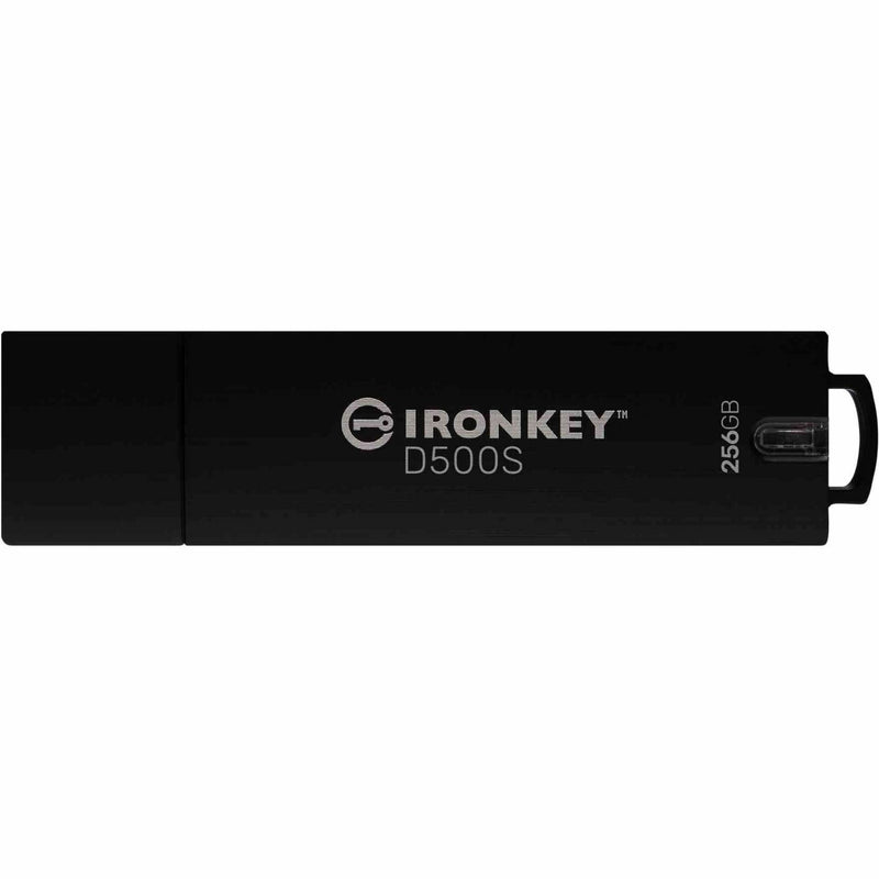 Top view of IronKey D500S secure USB drive showing sleek black design