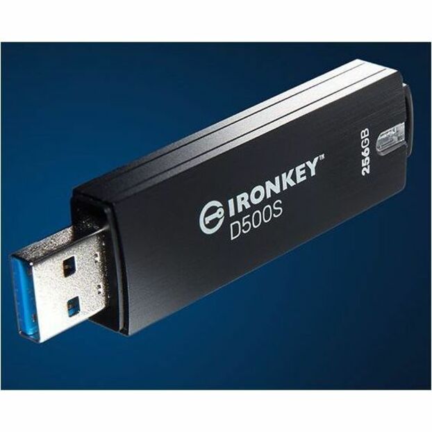 IronKey D500S USB drive with exposed connector against blue background