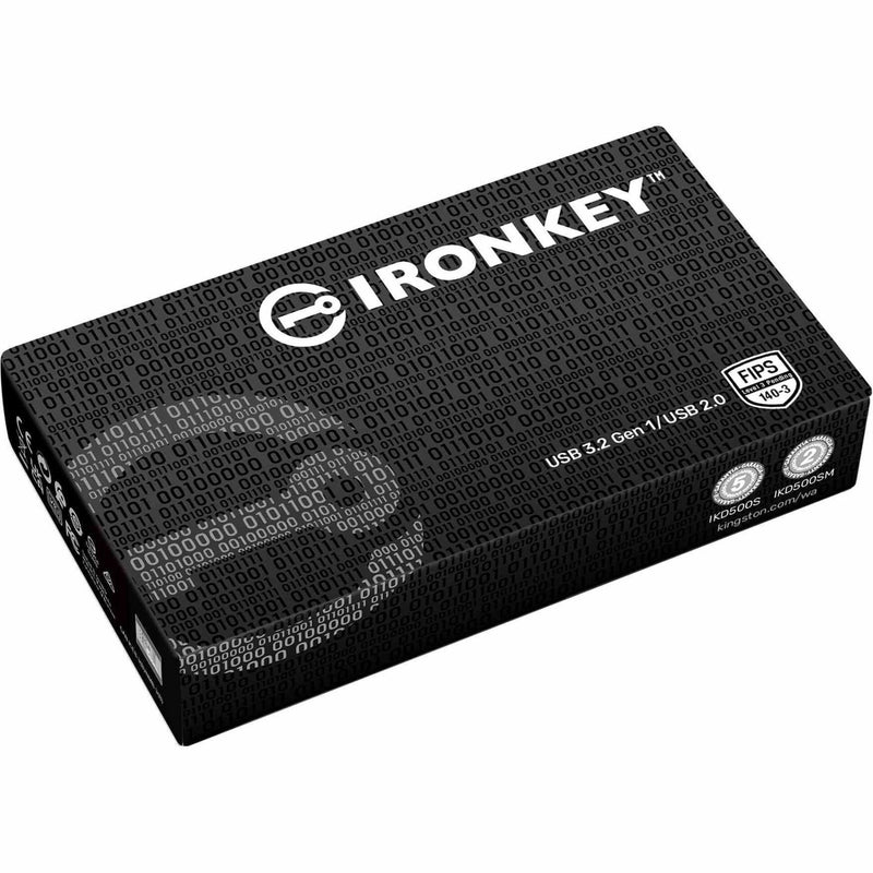 IronKey D500S retail package with binary code pattern and security certifications