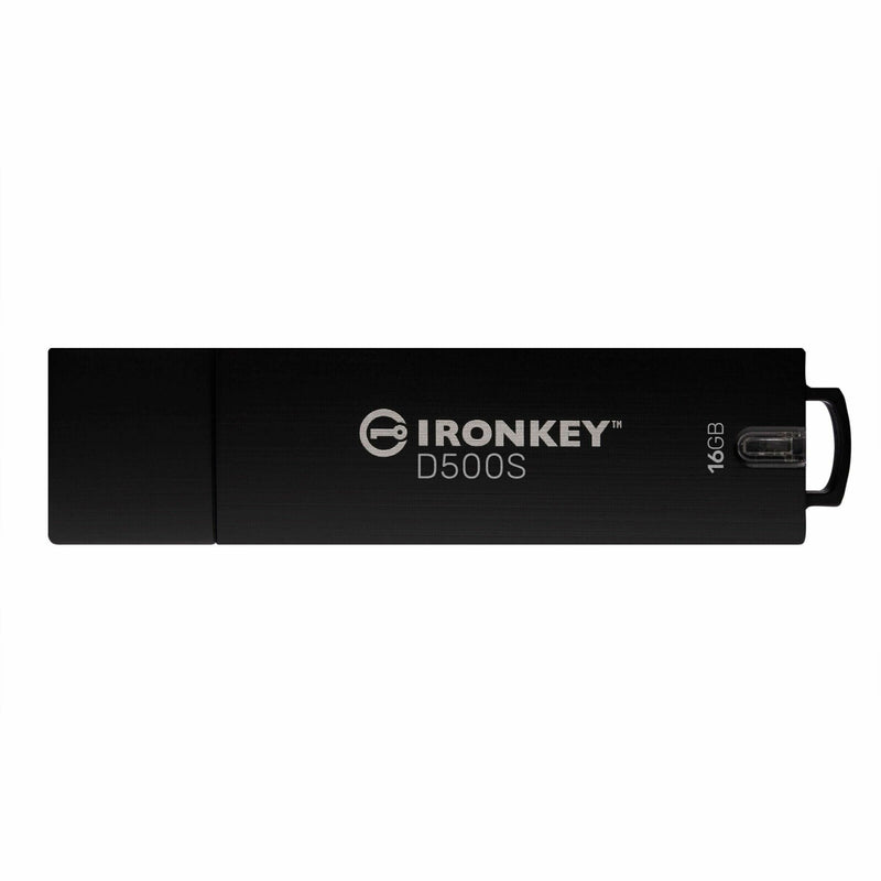 IronKey D500S USB flash drive front view showing sleek black casing with silver logo branding