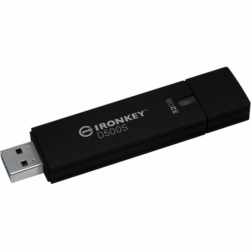 IronKey D500S USB flash drive showing sleek black design with silver branding