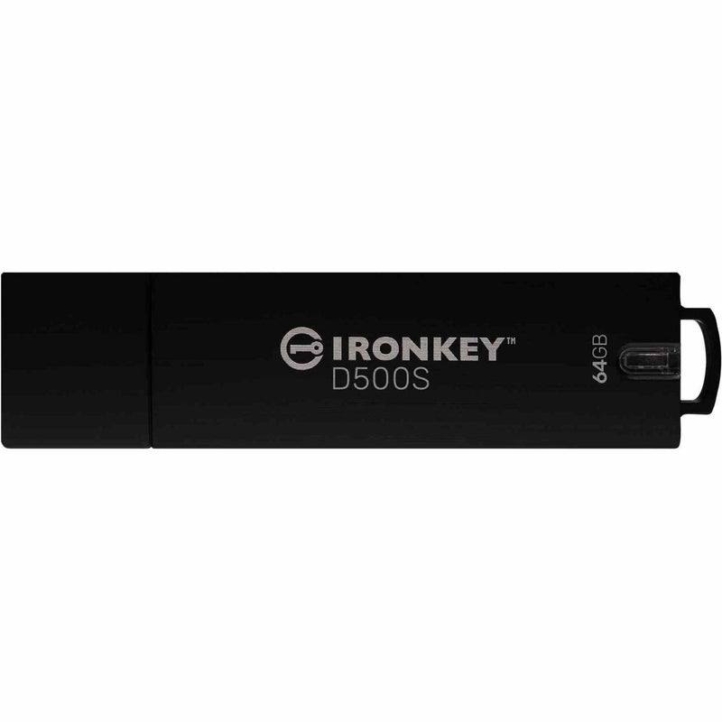 Top view of IronKey D500S encrypted flash drive showing branding and 64GB capacity marking