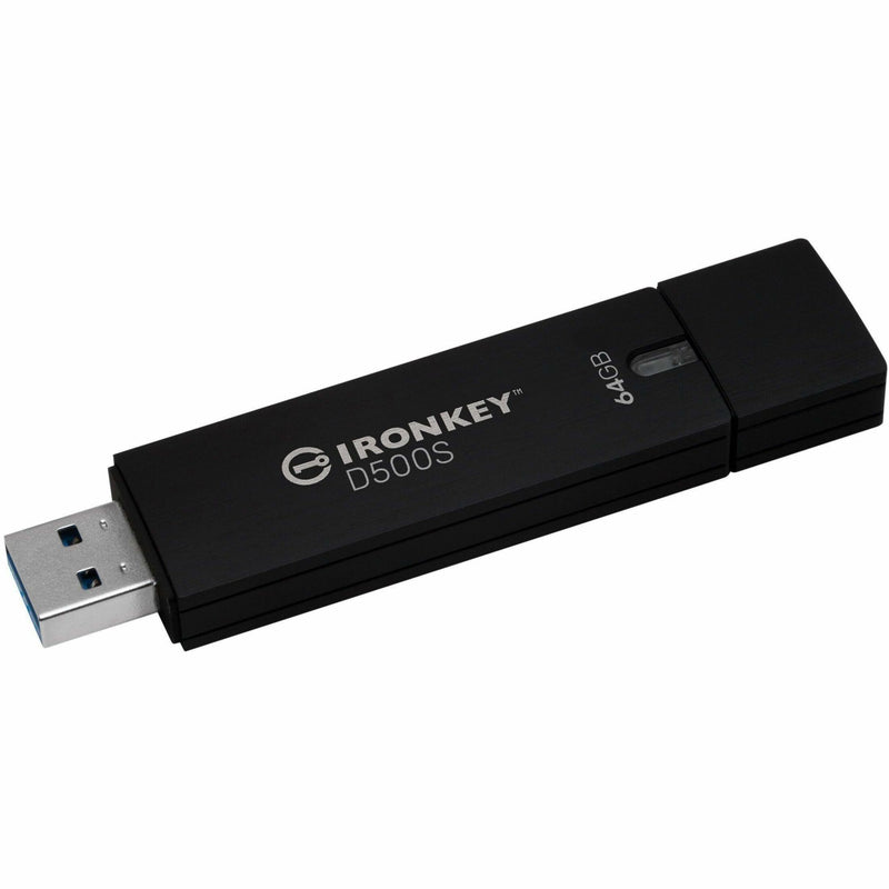 IronKey D500S 64GB encrypted USB flash drive with USB 3.2 connector shown from angled view