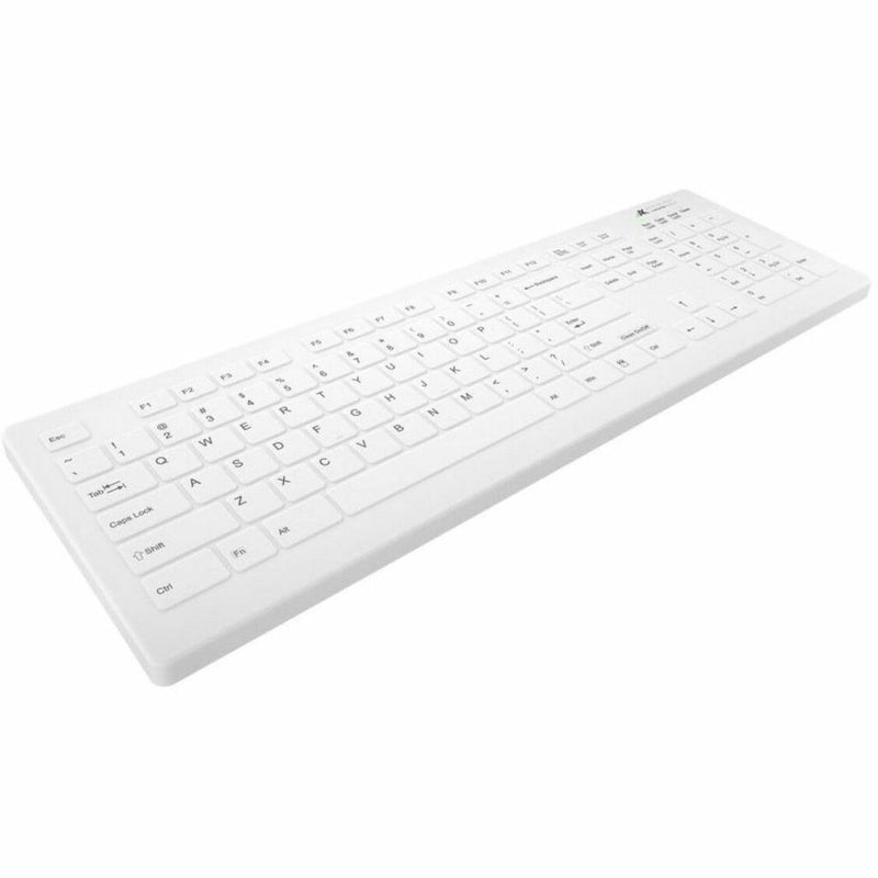 Front view of white AK-C8112 wireless medical keyboard showing full-size layout with 104 keys