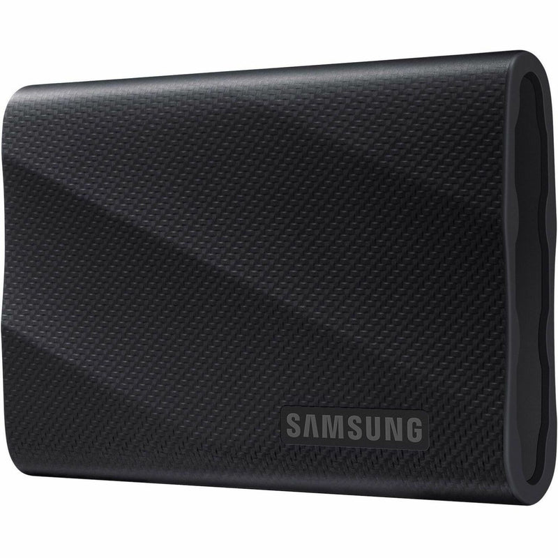 Angled perspective of Samsung T9 SSD showing texture pattern