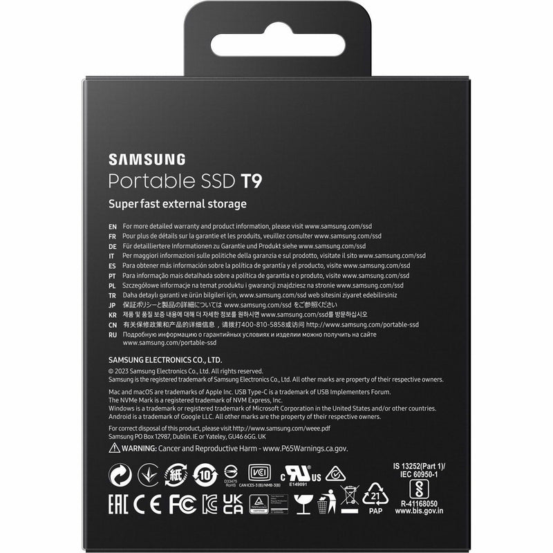 Samsung T9 SSD retail box back panel with multiple languages